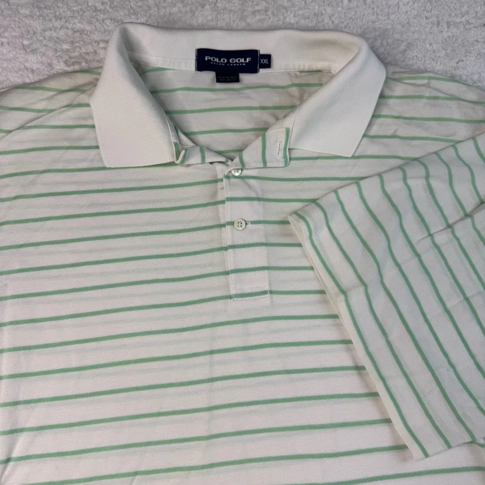 Polo Golf Shirt Mens Large Green White Striped 100% Prima Cotton Ralph Lauren‎